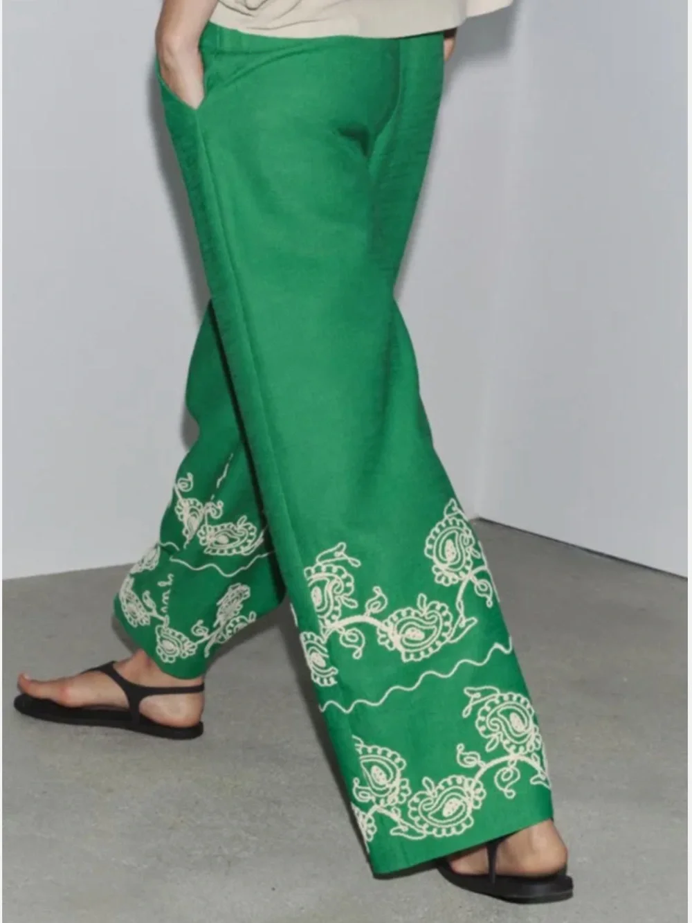 ZARA Green Embroidered Wide Leg Linen Blend Trousers